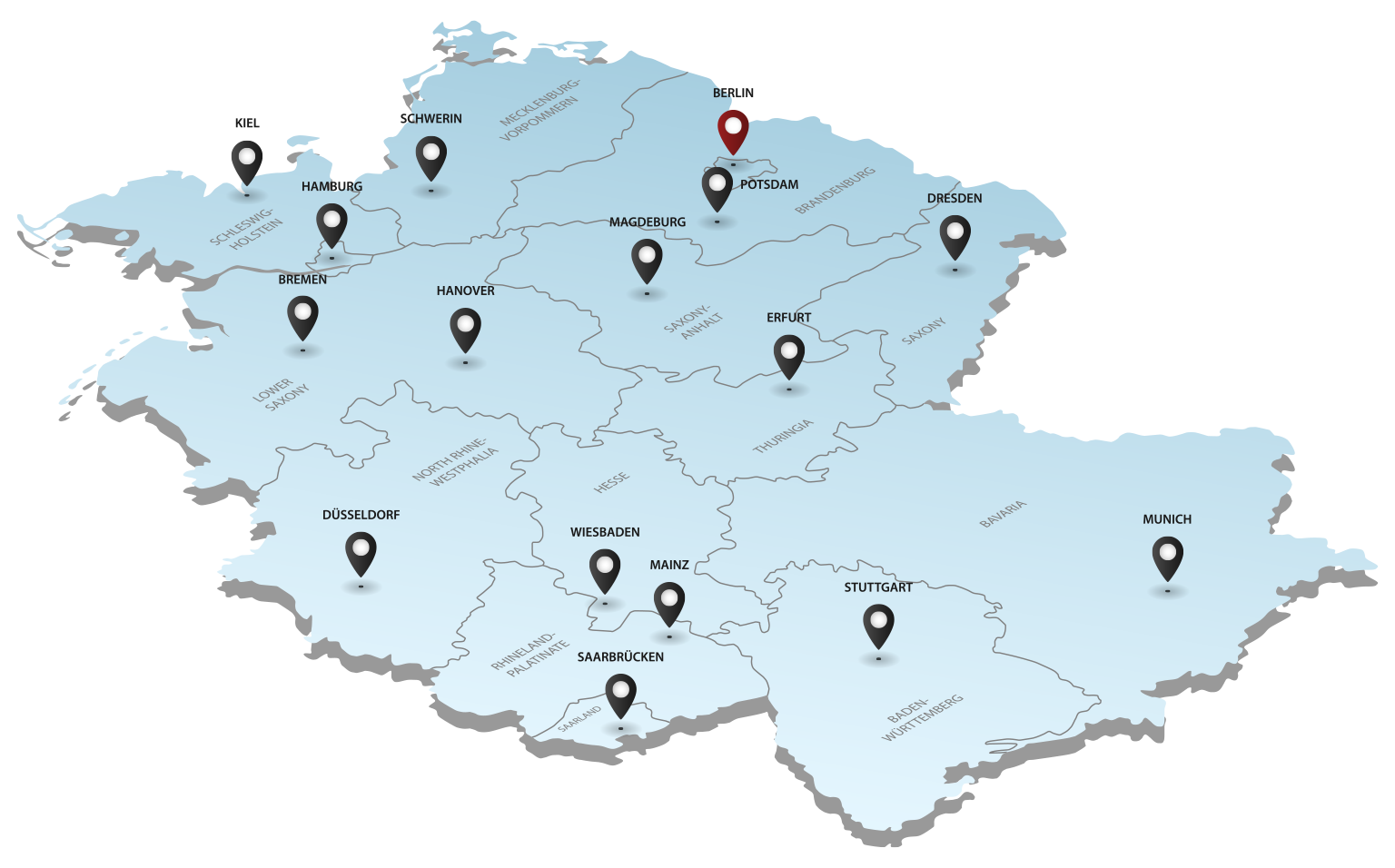Karte von Deutschland mit Berlin und vielen Zielstädten für deutschlandweite Umzüge